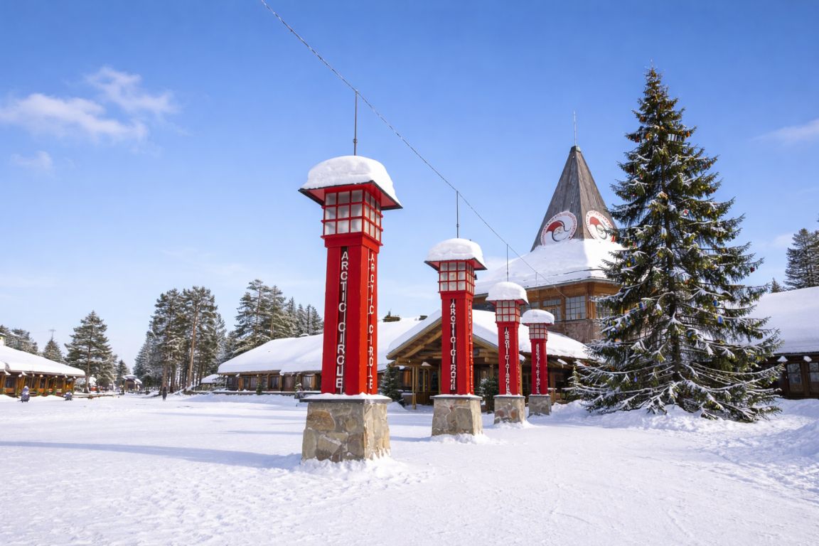 Arctic Circle line marker in Santa Claus Village Rovaniemi with snow-covered buildings and winter scenery, captured during a tour with Rovaniemi Tours