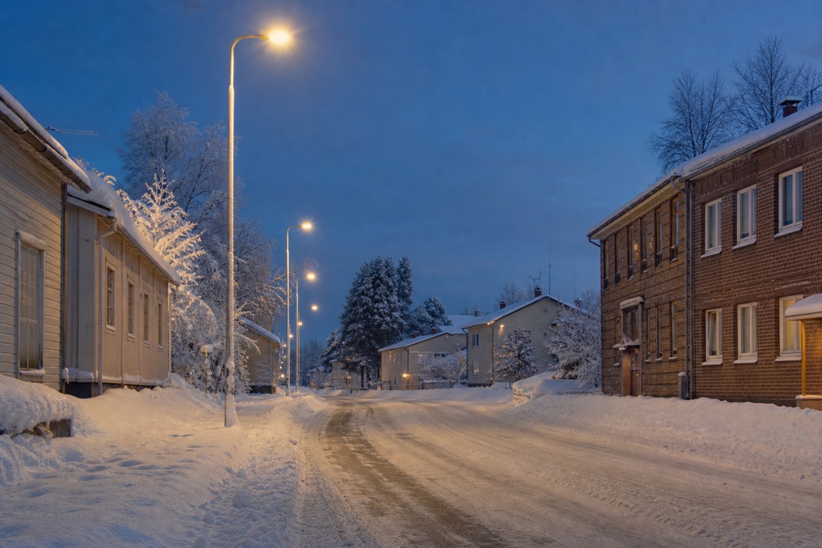 A snow-banked Rovaniemi street in deep winter
